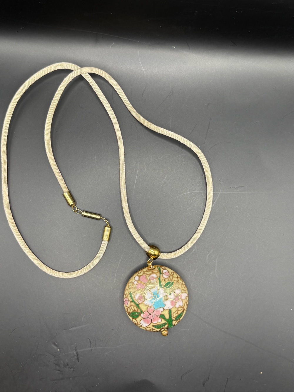 Hand-Painted Floral Cloisonné Pendant Necklace in Cream and Pink